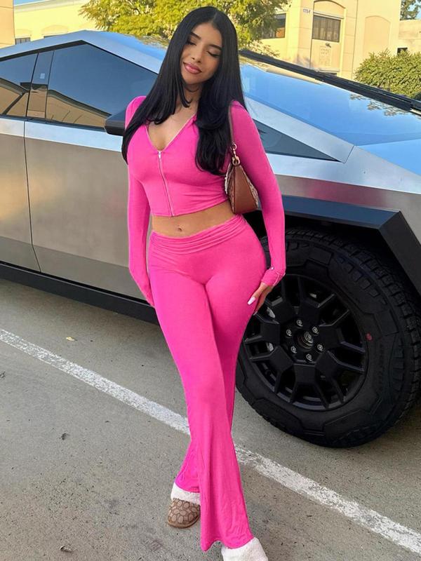 Women's Solid Zip Up Hooded Crop Top & High Waist Flare Leg Pants Set, Casual Long Sleeve Top & Bell Bottom Trousers, Vacation Outfits Sets, Ladies Spring & Fall Clothes, Fall Outfits, Fallfreshness, Fall Clothes