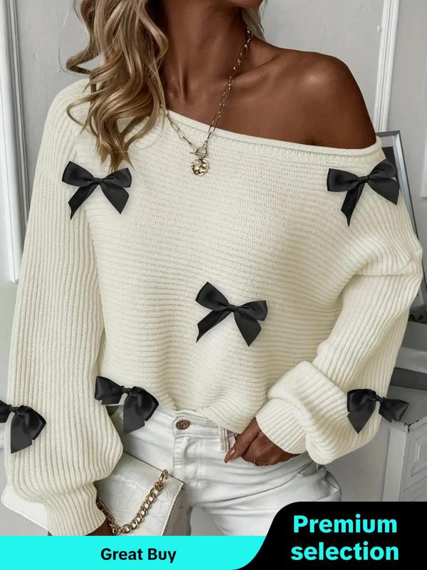 Women's Bow Decor Drop Shoulder Sweater, Casual Long Sleeve Boat Neck Jumper for Fall & Winter, Fashion Ladies' Knitwear for Daily Wear, Preppy 80s Clothes