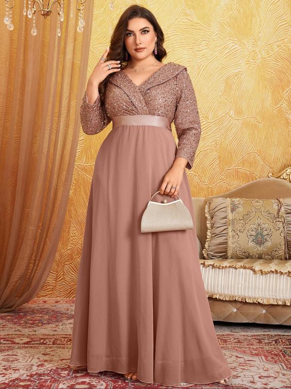  Glitter Contrast Sequin Collared Chiffon Evening Dress, Elegant Long Sleeve Maxi Dress for Party & Banquet, Women's Clothes for All Seasons