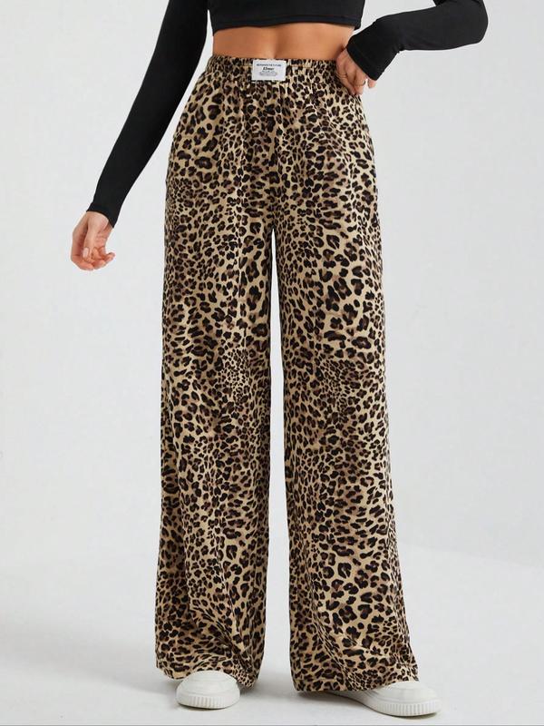 Women's Leopard-Print Wide Leg Pants, Casual Comfy Trousers for Daily Wear, Ladies Bottoms for Fall & Winter