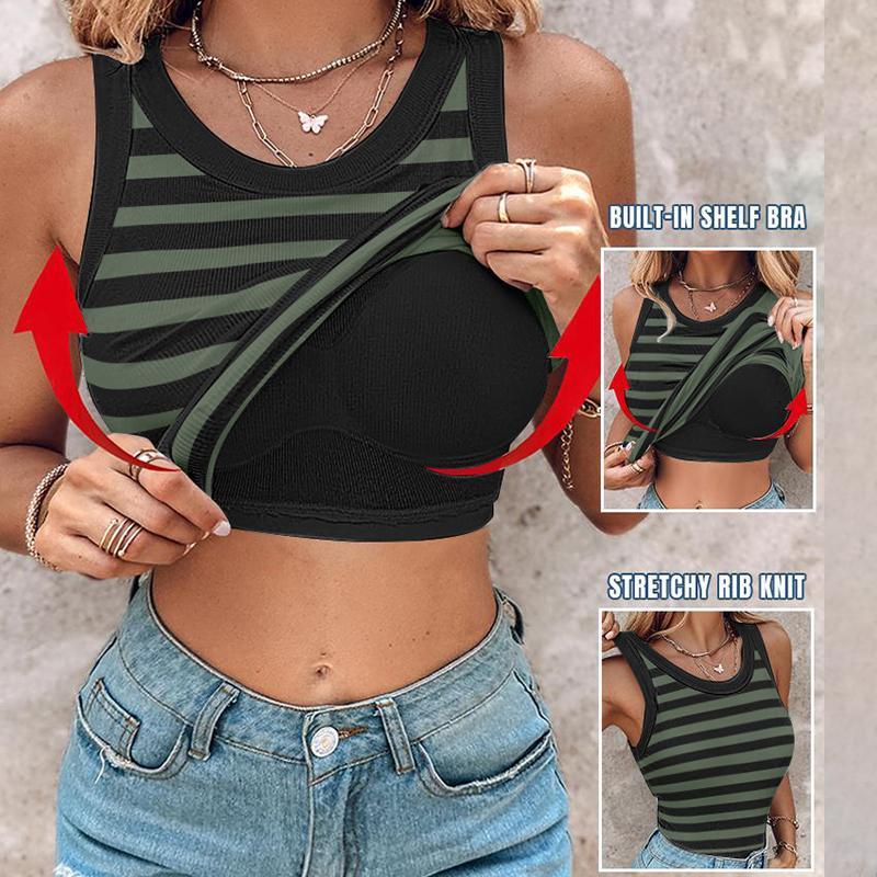 Chicme Round Neck Built-in Bra Ribbed Tank Top Casual Comfort