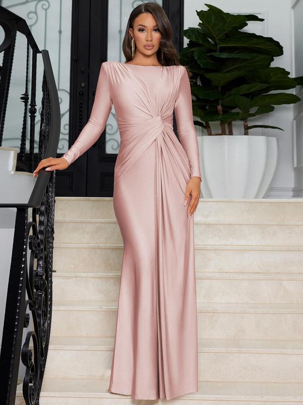 Women's Plain Twist Ruched Mermaid Dress, Elegant Boat Neck Long Sleeve Evening Party Gown, Ladies Fall & Winter Clothes