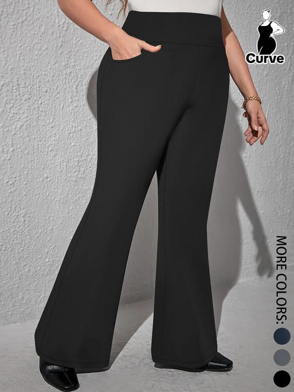  Solid High Waist Flare Leg Pants, Casual Comfy Pocket Trousers for Daily Wear, Women's Bottoms for All Seasons