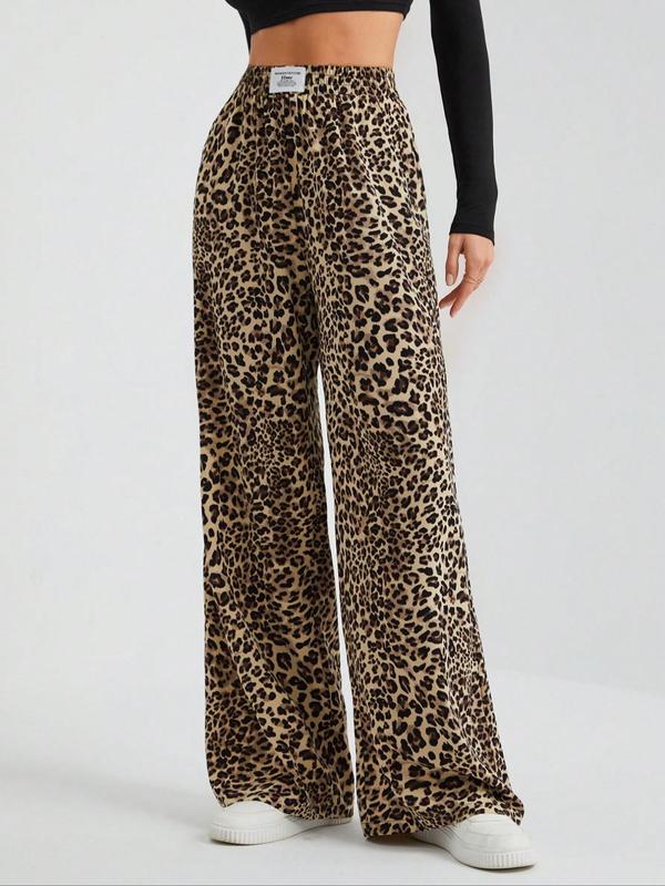 Women's Leopard-Print Wide Leg Pants, Casual Comfy Trousers for Daily Wear, Ladies Bottoms for Fall & Winter