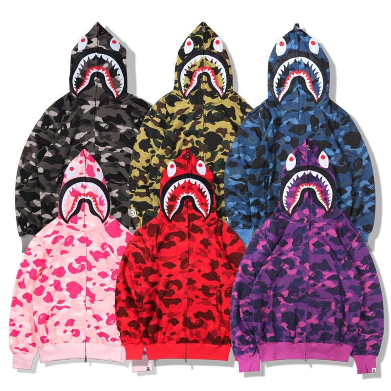 New Men's Couple Fashion Shark Head Camouflage Cardigan Hooded Sweater,Jacket Men and Women, Y2K Hip-hop Street Style Zipper Hooded Sweatshirt, Loose Casual Large Size Long-sleeved Jacket, bape