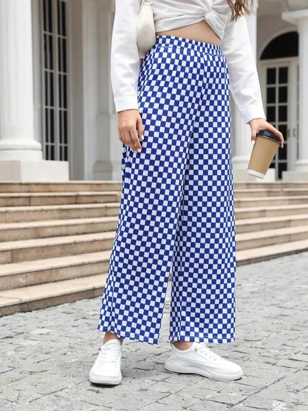 Women's Checkerboard Print Elastic Waist Wide Leg Pants, Casual High Waist Trousers for Fall, Fashion Women's Bottoms for Daily Wear, Boho Clothes, Pants for Women, Fall Outfits 2024, Comfy Pants, Preppy 80s Clothes