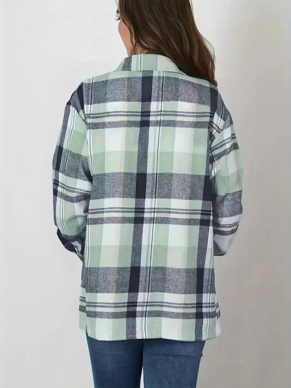  Plaid Print Button Front Shirt, Casual Long Sleeve Pocket Collared Top for Fall & Winter, Women's Clothes for Daily Wear