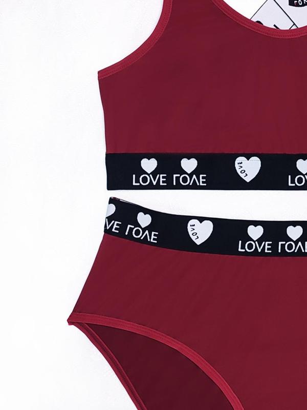 Plus Size Two-Piece Set Heart & Letter Tape Lingerie Set, Casual Criss Cross Bra & High Waist Panty Set, Comfort Womenswear, Two-piece Lingerie Set for Lady