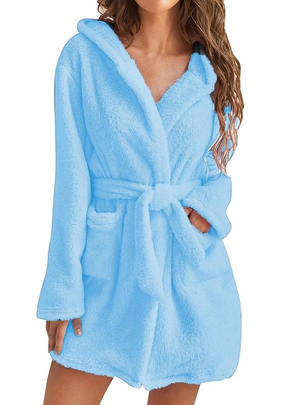 Women's Solid Belted Wrap Pocket Lounge Robe, Casual Long Sleeve Bedroom Drop Shoulder Bathrobe, Ladies Sleepwear for Fall & Winter