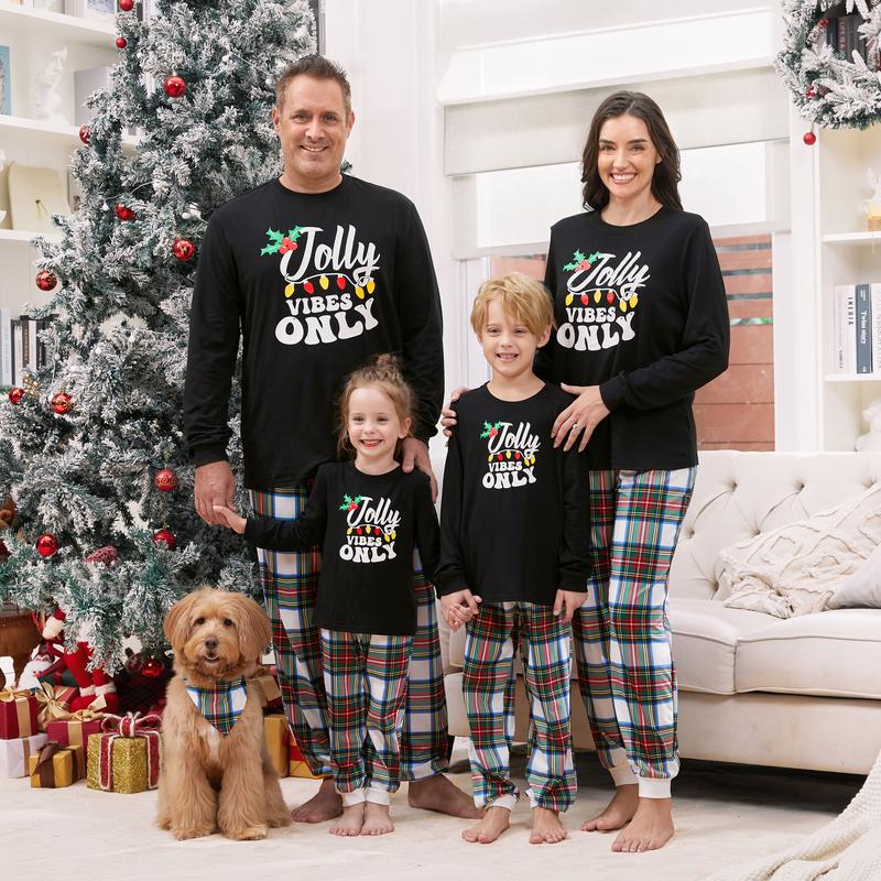 PatPat Christmas Pajamas Family Matching Xmas Light Jolly Vibes Long Sleeves Top Plaid Pants Pajamas Sets