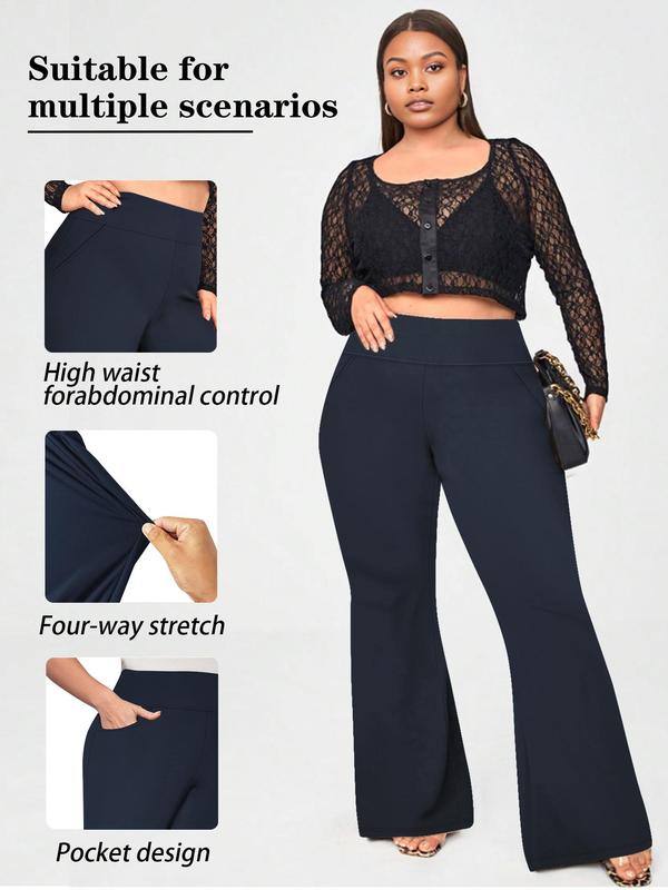  Solid High Waist Flare Leg Pants, Casual Comfy Pocket Trousers for Daily Wear, Women's Bottoms for All Seasons