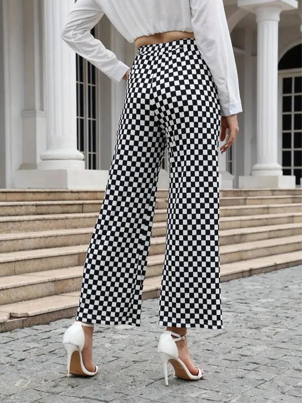 Women's Checkerboard Print Elastic Waist Wide Leg Pants, Casual High Waist Trousers for Fall, Fashion Women's Bottoms for Daily Wear, Boho Clothes, Pants for Women, Fall Outfits 2024, Comfy Pants, Preppy 80s Clothes