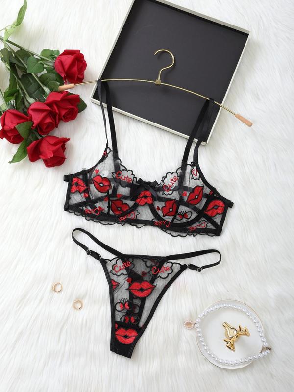 Women's Lip & Letter Embroidery Sheer Tulle Sexy Lingerie Set, Adjustable Strap Push Up Underwear Bra & Thong, Lingerie Set for Women