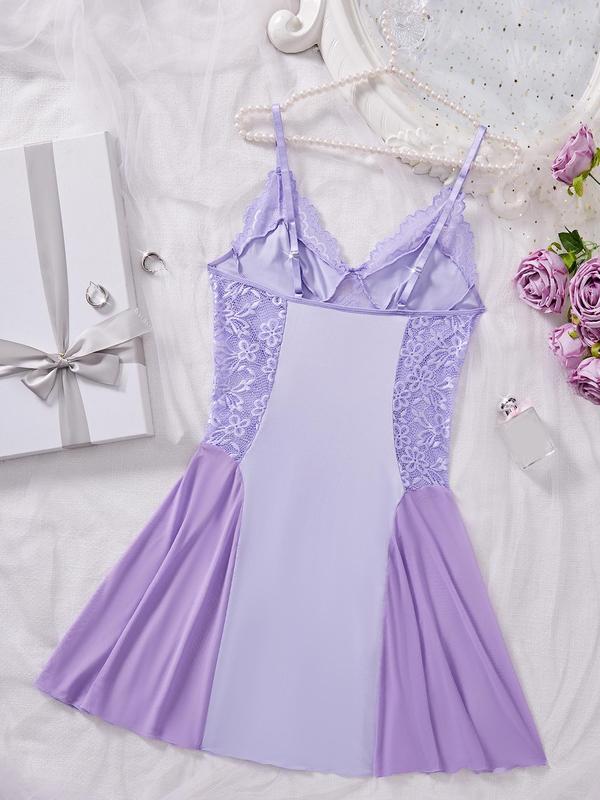 Women's Contrast Lace Embroidery Bow Decor Cami Nightdress, Soft Comfortable V Neck Sleeveless Nightgown for Women, Sleepwear for All Seasons