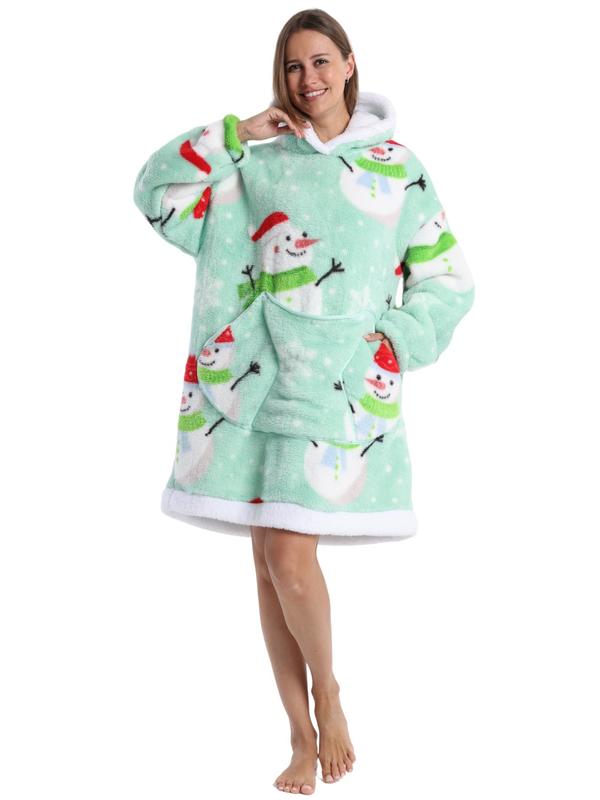 Women's Christmas Themed All Over Print Drop Shoulder Hooded Lounge Dressing Gown, Casual Long Sleeve Pocket Design Flannel Dressing Gown, Ladies Sleepwear for Fall & Winter