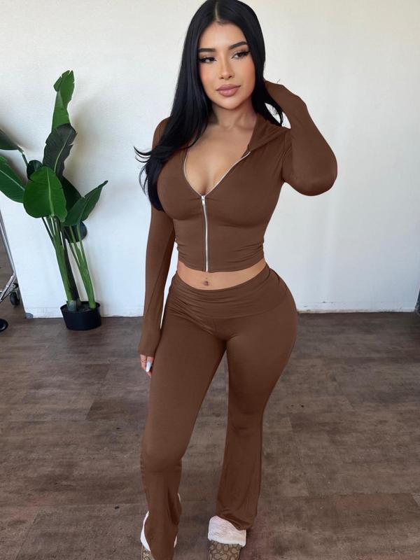 Women's Solid Zip Up Hooded Crop Top & High Waist Flare Leg Pants Set, Casual Long Sleeve Top & Bell Bottom Trousers, Vacation Outfits Sets, Ladies Spring & Fall Clothes, Fall Outfits, Fallfreshness, Fall Clothes