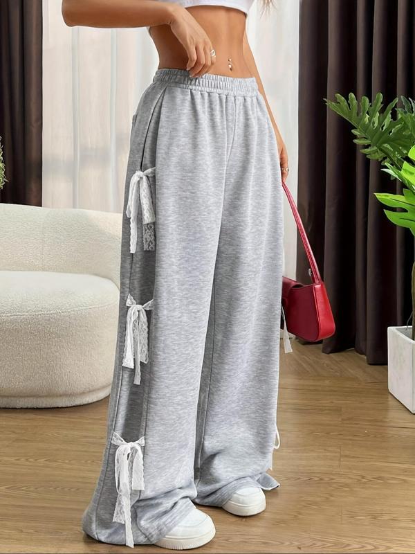 Women's Plain Bow Decor Wide Leg Sweatpants, Casual Elastic Waist Pocket Trousers for Daily Wear, Ladies Bottoms for All Seasons