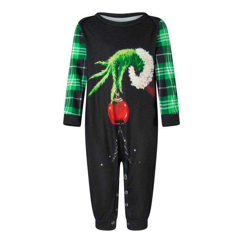 Christmas Family Pajamas Matching Set, Long Sleeve Elf Hand Print Tops with Plaid Pants Sleepwear Loungewear Crewneck Womenswear Clothing Light