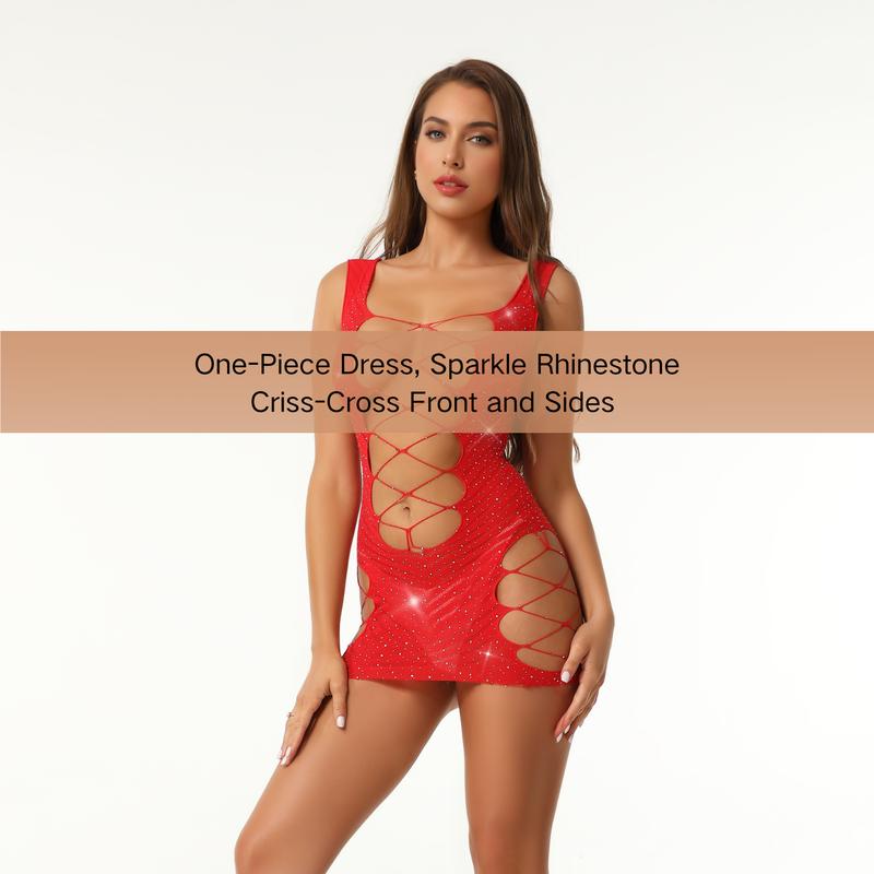 Free Tonight Women’s Red Rhinestone Bodystocking Dress, Elegant Womenswear One Size Fit Most Body Type, Party Sexy Chic Lingerie One Piece Gift