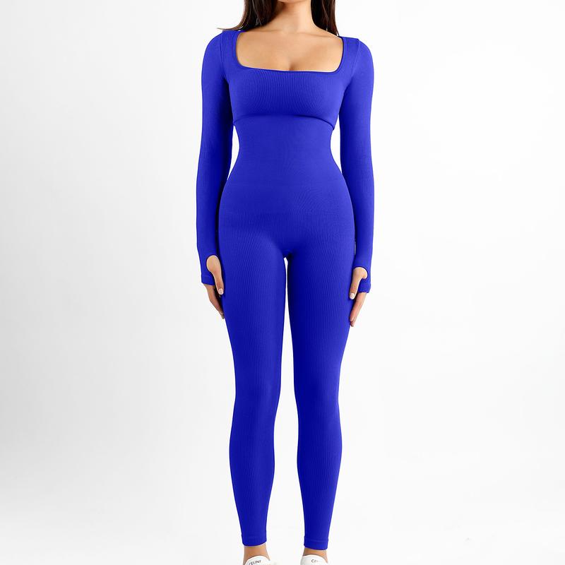 FeelinGirl The Jumpsuit Seamless Thumb Hole Square Neck Long Sleeve Soft Fabric Simple Womenswear