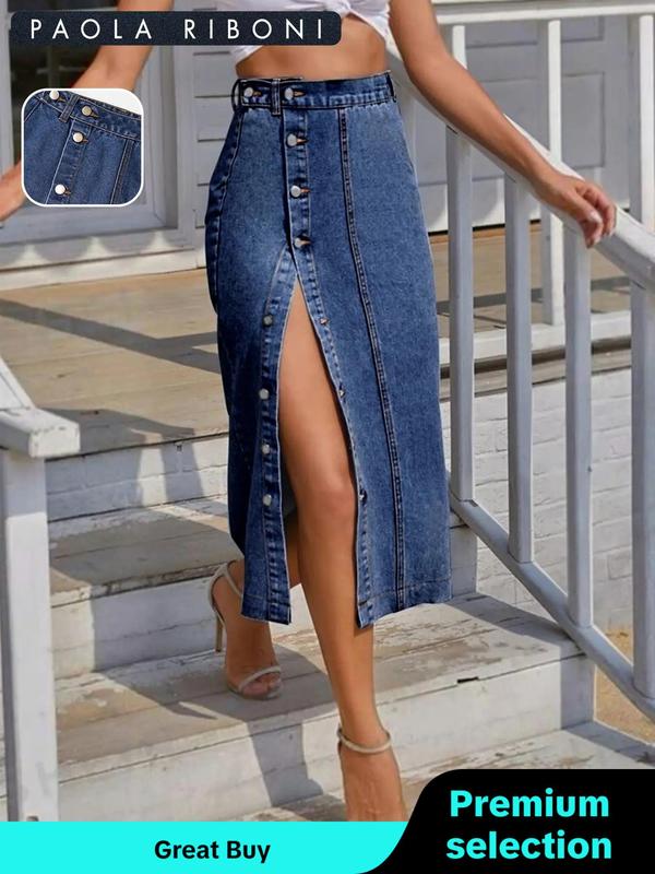 Women's Plain Button Front High Waist Denim Skirt, Fashion Casual A Line Midi Denim Skirt for Daily Outdoor Wear, Jean Skirts for Women, Denim Skirt Outfit, Ladies Bottoms for All Seasons