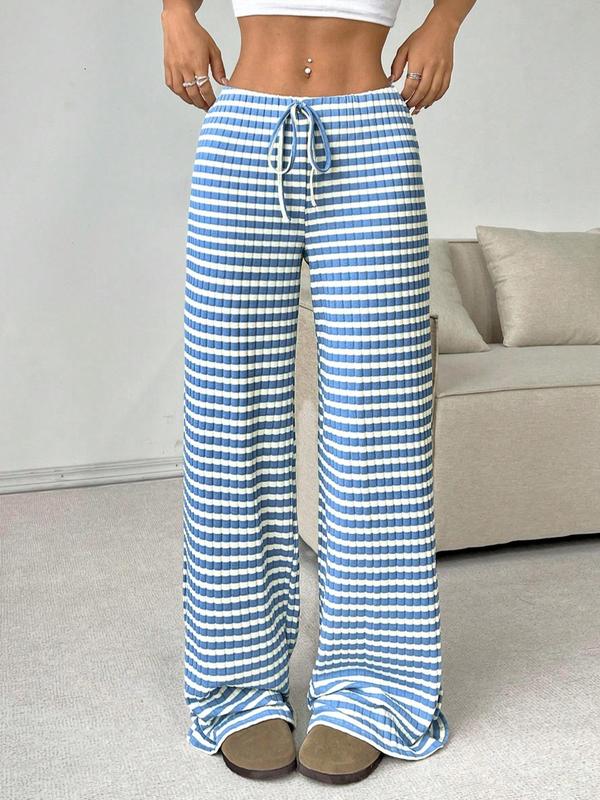 Women's Waffle Knit Striped Print Drawstring Waist Wide Leg Pants, Casual Comfy Trousers for Daily Wear, Ladies Bottoms for All Seasons