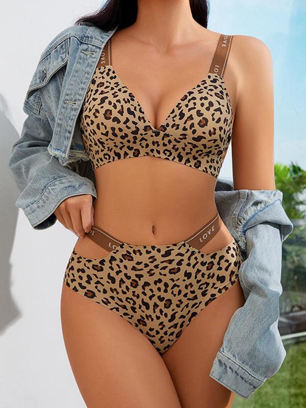 Women's Leopard Print Letter Tape Underwear Set, Push Up Bra & Cut Out High Waist Panty Set, Women's Lingerie Set for All Seasons