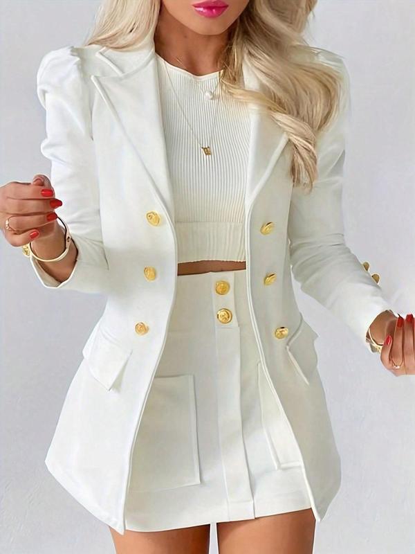 Two-Piece Set Women's Solid Fake Buttons Decor Puff Sleeve Blazer & High Waist Pocket Skirt Two-piece Set without Inner Top, Lapel Long Sleeve Blazer & Skirt Y2k Set for Work Office Business, Ladies Summer Clothes, Going Out Outfits