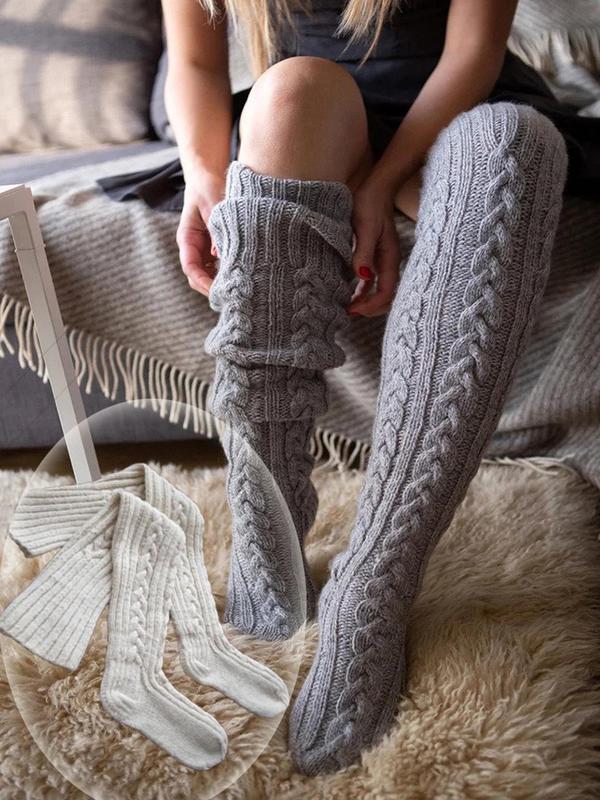 Women's Solid Textured Over The Knee Socks, Casual Warm Comfy Thigh High Socks for Fall & Winter, Women's Socks for Daily Wear