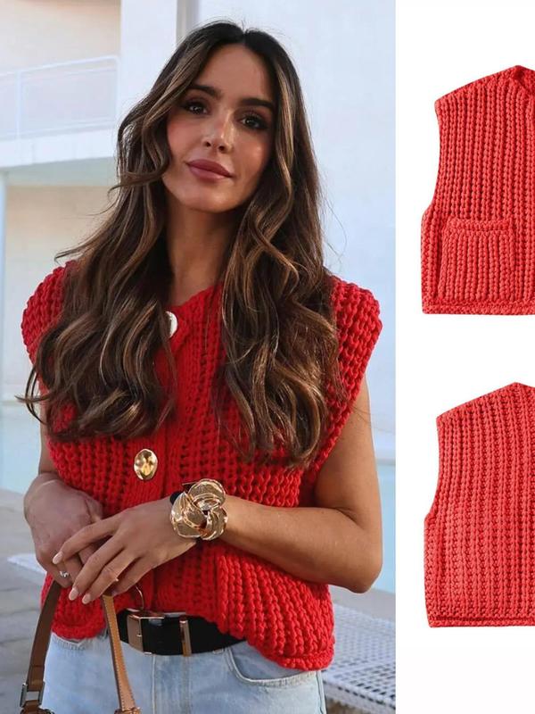 Women's Plain Button Front Pocket Crop Sweater Vest Cardigans, Casual Sleeveless   Knitwear for Fall & Winter, Fashion Ladies' Knit Clothing for Daily Wear