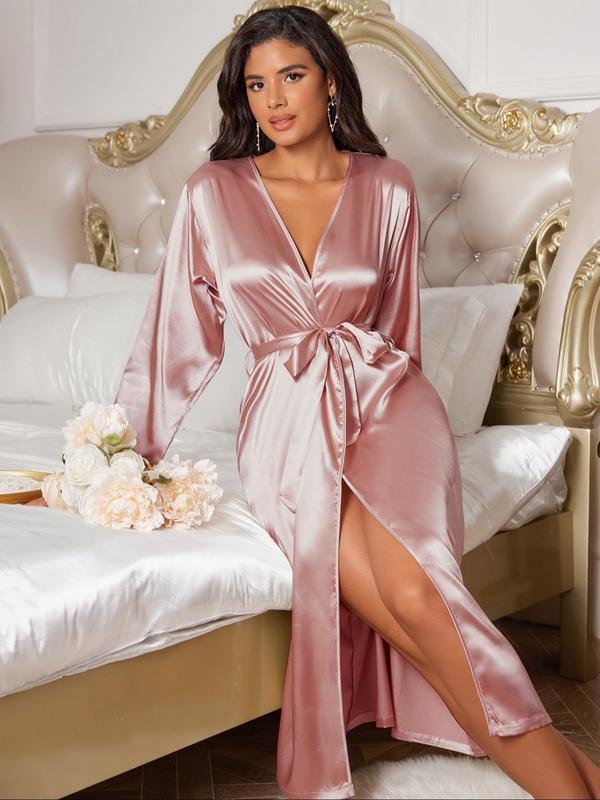 Women's Solid Color Belted Satin Bathrobe, Long Sleeve Dressing Gown, Soft Comfortable Breathable Bathrobe for Women, Women's Sleepwear for Fall & Winter