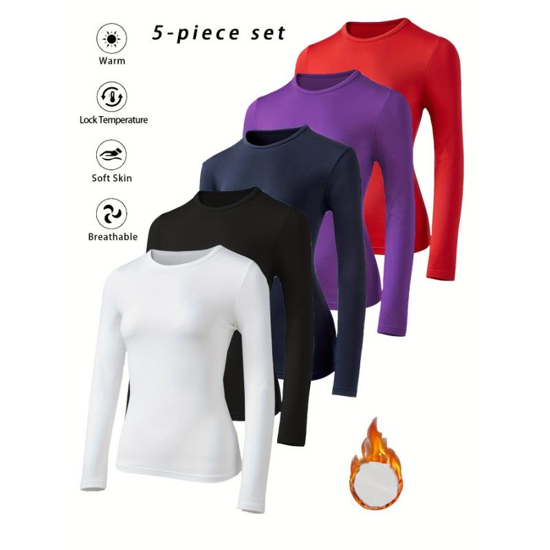 Women's Winter Fleece-Lined Thermal Tops 5-Piece Set  Casual Crew Neck Long Sleeve High Stretch Knit Shirts, Solid Color Polyester, Breathable Fabric with Temperature Lock for Fall Winter Womenswear Collar Comfort Basic Crewneck Minimalist