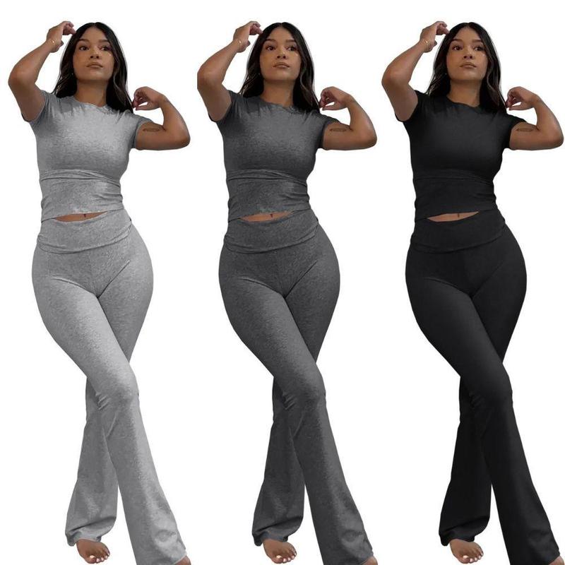 Saodimallsu S to 2XL Womens 2 Pieces Lounge Sets Plus Size Fold-over Flare Pants Short Sleeve Crop Top Casual Outfits Pajamas Sets Fashion Loungewear Homewear Comfort Womenswear Nightwear Lady