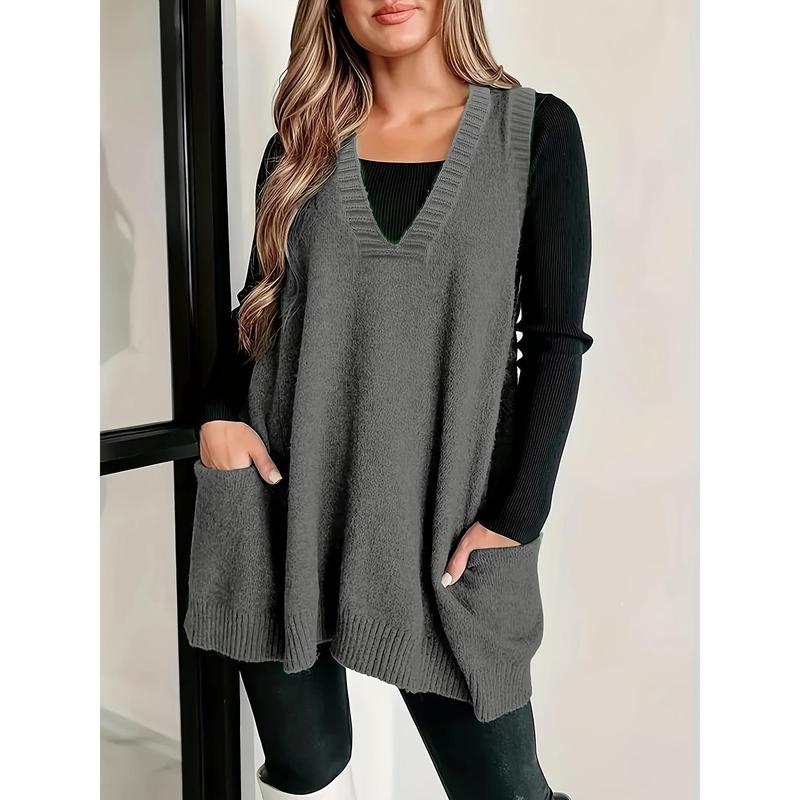 Plus Size Pockets Knitted Sweater Vest, Casual Solid Color V Neck Sleeveless Top For Fall & Winter, Women's Plus Size Clothing