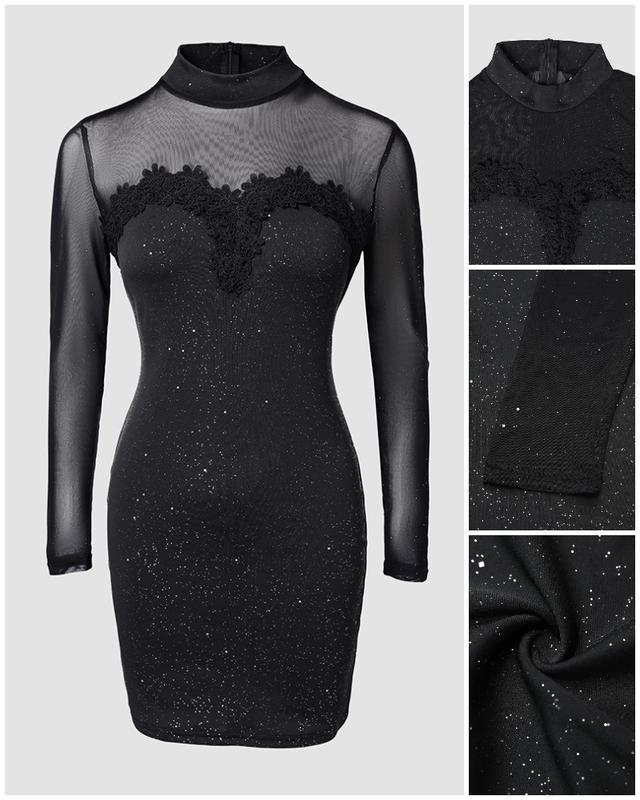 ChicMe Women's Glitter Long Sleeve Mock Neck Sheer Mesh Patch Bodycon Dress Night Out Party Mini Dress Formal Lace