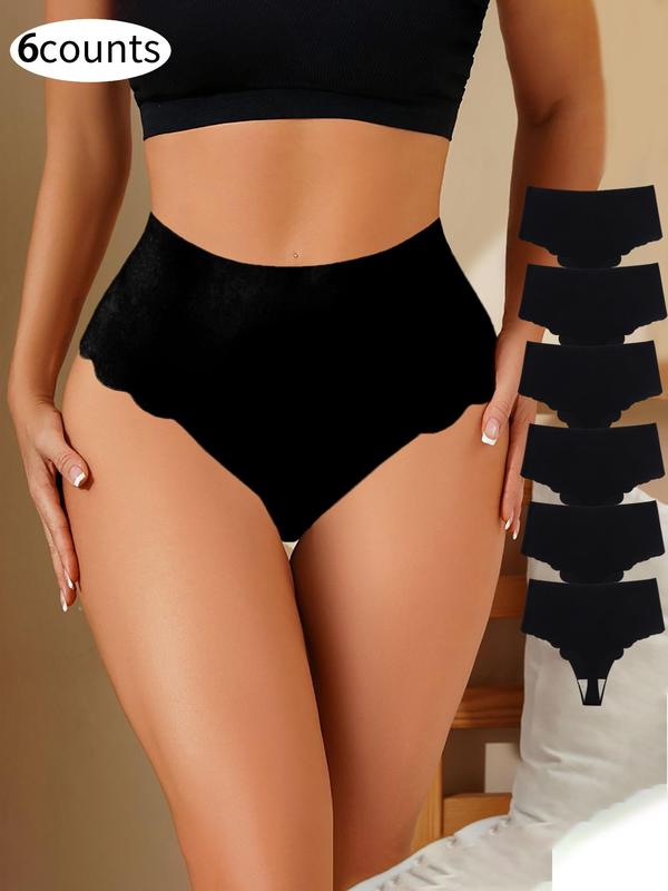 Women's Solid Color Scallop Trim High Waist Thong, Soft Comfy Breathable Panty for Daily Wear, Ladies Underwear for All Seasons