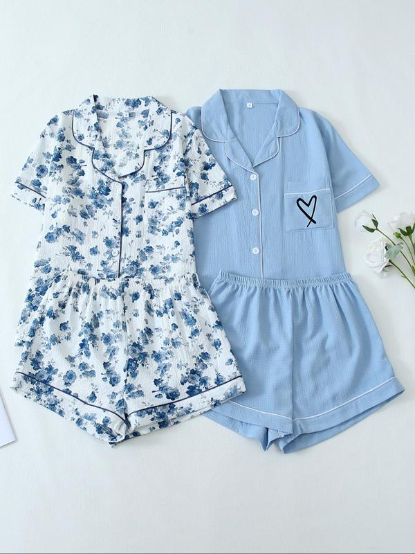 Women's All Over Print Shortsleeve Loungewear Co-ord Set, Comfort Contrast Binding Lapel Collar Pocket Top & Shorts PJ Set, Back-to-School Clothing, Summer Clothes Women, Womenswear, Sleepwear Homewear Clothing, Birthday Gifts