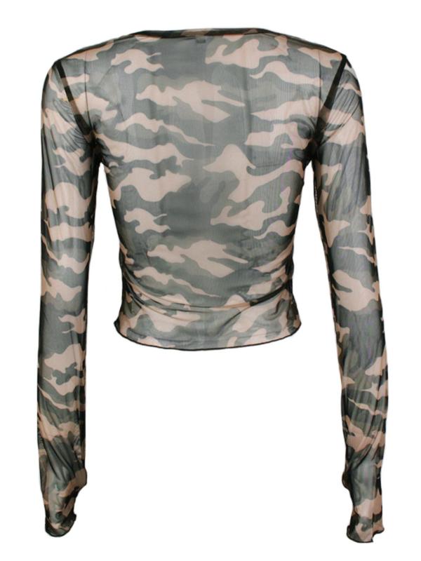 Women's Camo Print Round Neck Semi-sheer Tulle Crop Tee, Casual Long Sleeve Crew Neck T-shirt for Spring & Fall, Fashion Women's Top for Daily Wear, Fall Outfits, Fallfreshness