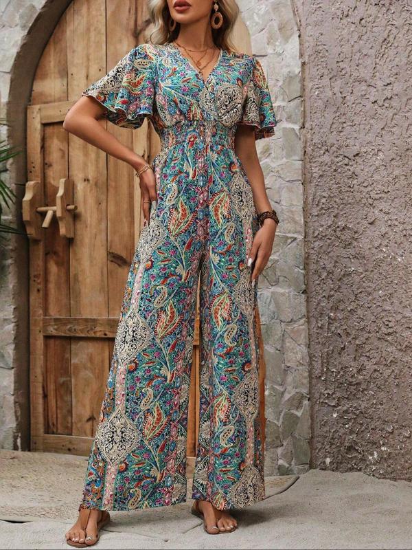 Women's Paisley Print Shirred Wrap Jumpsuit, Boho Butterfly Sleeve V Neck Jumpsuit for Summer, Women's Clothes for Beach Holiday Vacation