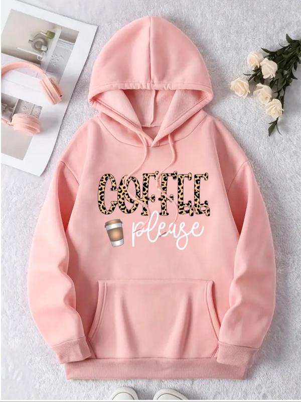 Women's Coffee Letter Print Drawstring Hoodie, Casual Long Sleeve Hooded Sweatshirt for Fall & Winter, Women's Clothes for Daily Wear