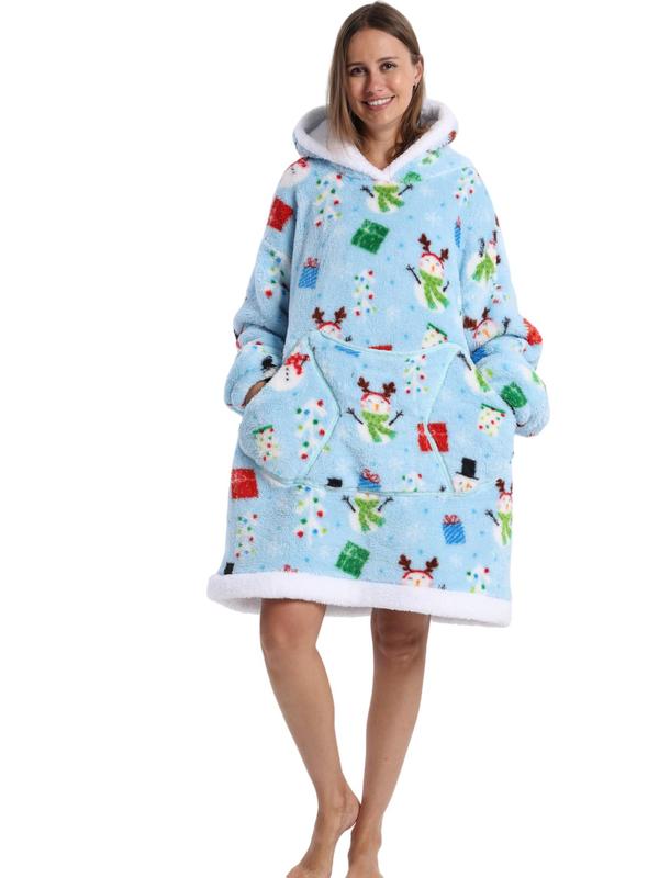 Women's Christmas Themed All Over Print Drop Shoulder Hooded Lounge Dressing Gown, Casual Long Sleeve Pocket Design Flannel Dressing Gown, Ladies Sleepwear for Fall & Winter