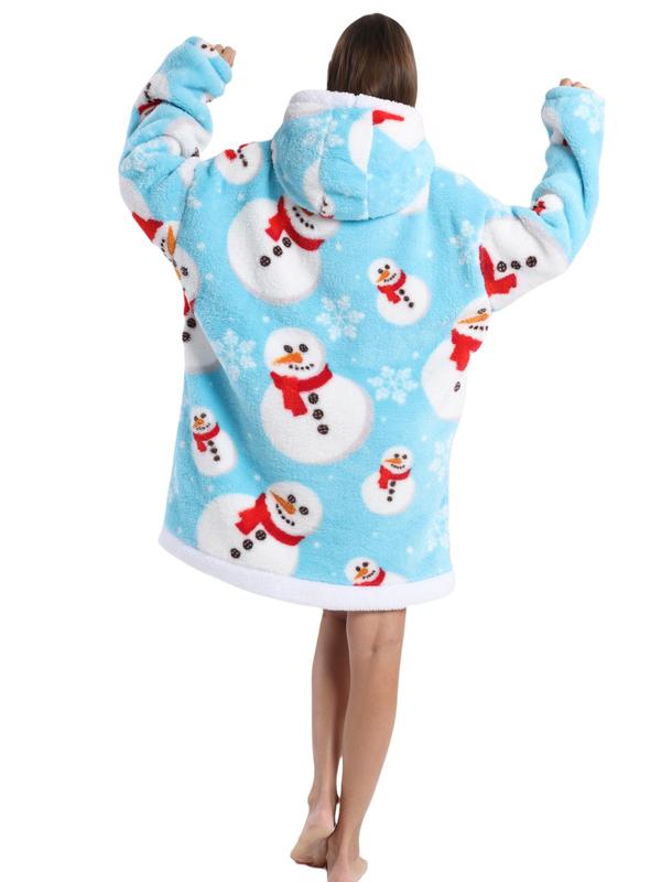 Women's Christmas Themed All Over Print Drop Shoulder Hooded Lounge Dressing Gown, Casual Long Sleeve Pocket Design Flannel Dressing Gown, Ladies Sleepwear for Fall & Winter