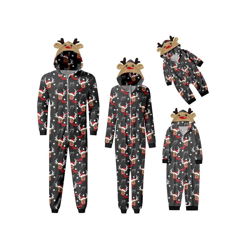 Matching Christmas Pajamas For Family Long Sleeve Elk Antler Hooded Romper Zip Up Jumpsuits