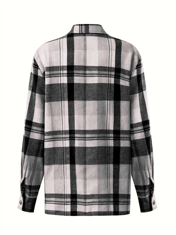  Plaid Print Button Front Shirt, Casual Long Sleeve Pocket Collared Top for Fall & Winter, Women's Clothes for Daily Wear