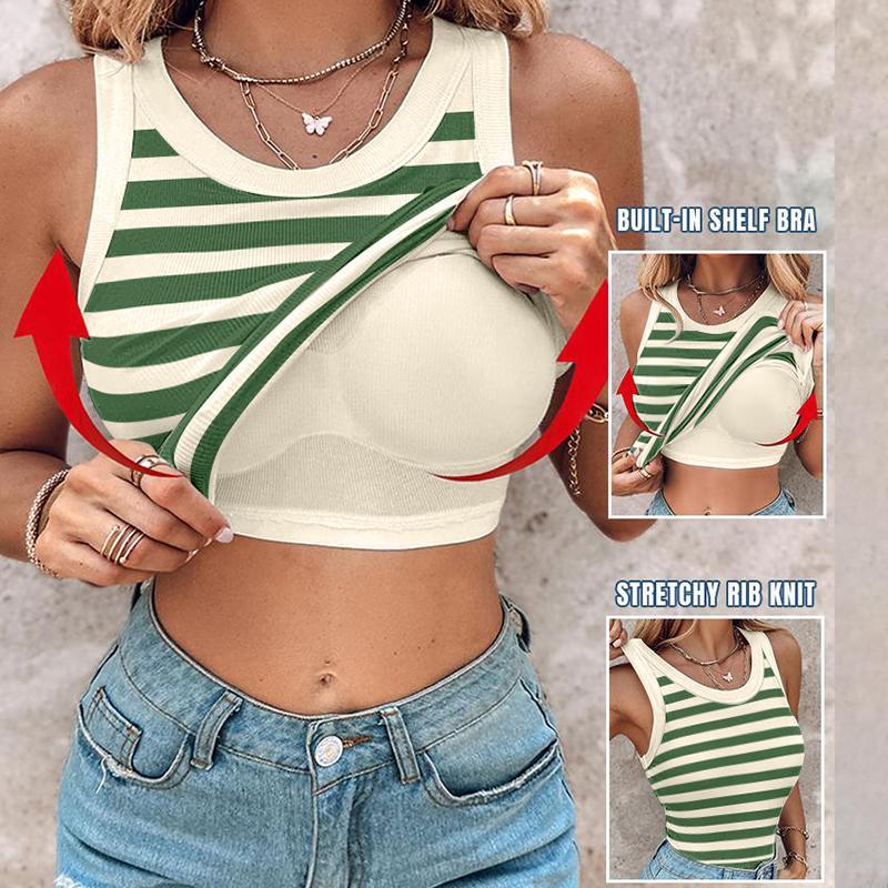 Chicme Round Neck Built-in Bra Ribbed Tank Top Casual Comfort