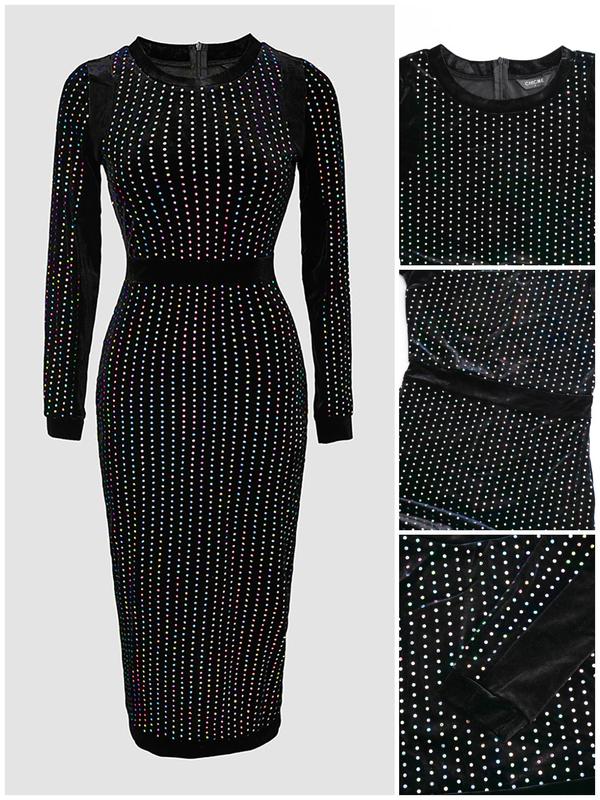 Women's Glitter Sequins Split Hem Bodycon Dress, Elegant Long Sleeve Round Neck Midi Dress for Party Club Dating Wear, Women's Clothing for Fall & Winter