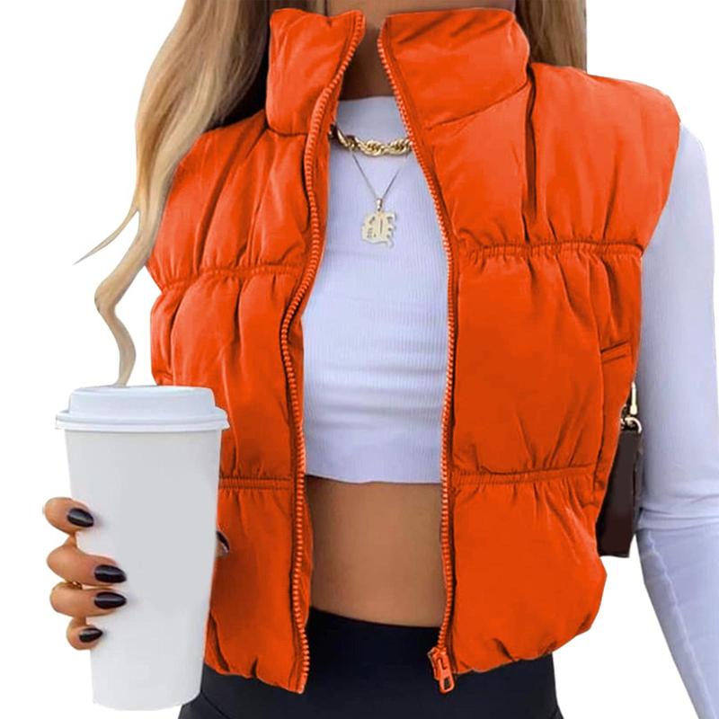 Women's Solid Color Cropped Puffer Vest with Zipper and Standup Collar warm  vest Zip Up Sleeveless Puffer Vest Women's Lightweight zipper vest