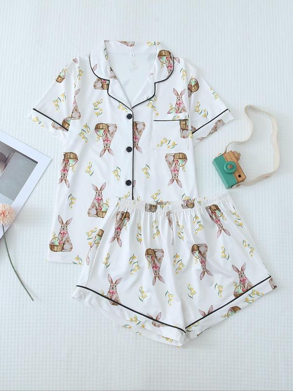 Women's All Over Print Contrast Binding Lapel Shirt & Shorts Pyjama Set, Back To School Button Front Short Sleeve Top & Elastic Waist   Modesty Shorts Pj Lounge Set for Fall, Casual Two-piece Sleepwear Loungewear Co-ord Set for Women Birthday Gifts