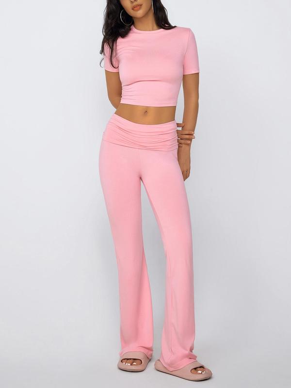 Women's Solid Loungewear Set, Casual Short Sleeve Crop Top & Flare Leg Pants Set, Comfy Pyjama Set for Women, Fall Clothes, PJ Sets for Women, Summer Wear 2024, Back To School Wear, Women's Homewear, Downtown Girl Clothes Girl In Pink Pjs