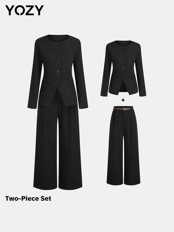 YOZY Two-Piece Set Women's Solid Color Button Front Jacket & Plicated Wide Leg Pants, Long Sleeve Round Neck Outerwear & Pocket Belted Trousers for Work Office Business, Ladies Spring & Fall Clothes